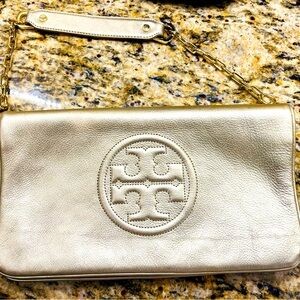 Tory Burch Metallic Gold Leather Reva Chain Clutch